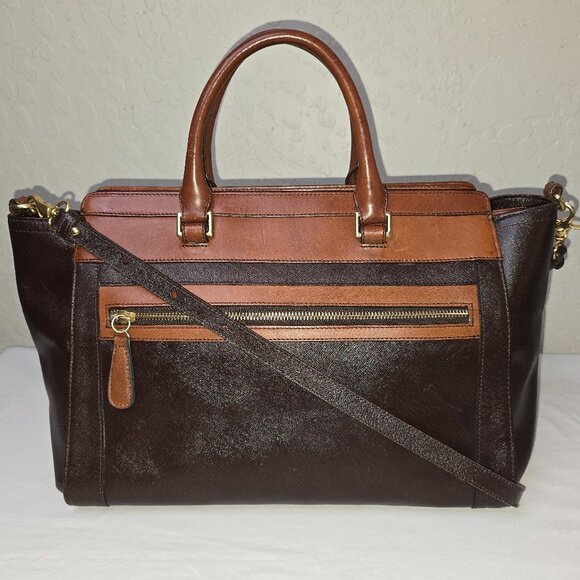 Brahmin Two-Tone Brown Crossgrain Leather & Leather Structured Crossbody Satchel - Picture 1 of 15